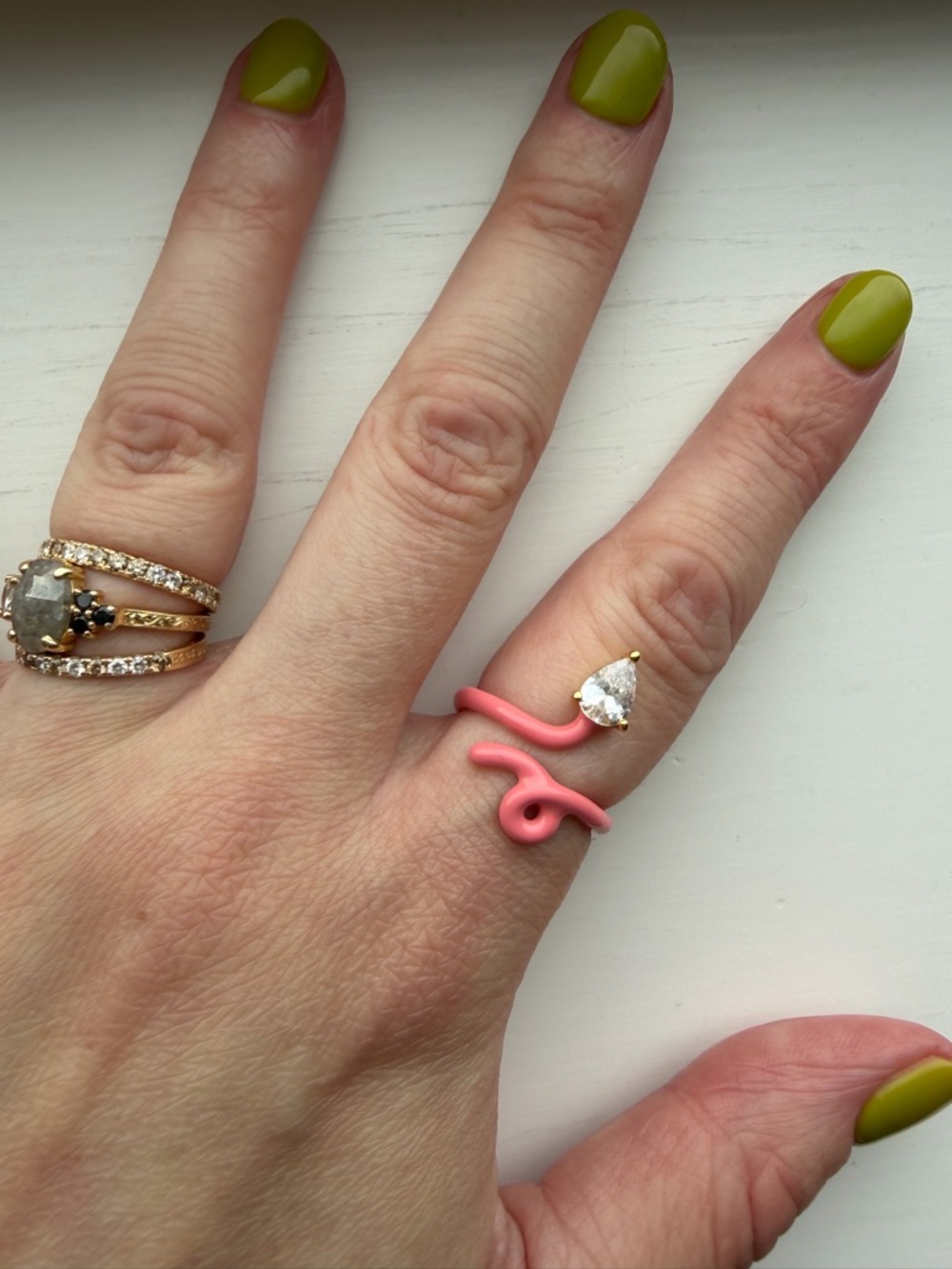 Adjustable Pink Open Snake Enamel Ring with Teardrop Crystal / Faux Gem